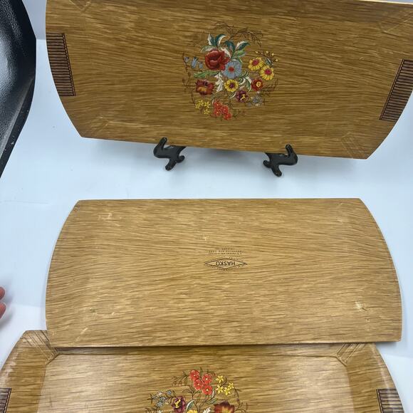 Vintage Set 3 HASKO Faux Wood Ornamental Floral Roses Lithograph Serving Trays - Picture 5 of 7
